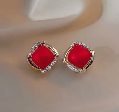 Vivity Latest Korean Style Golden Red CZ Cubic Zirconia Alloy Rhinestone Studs, Earring Set
