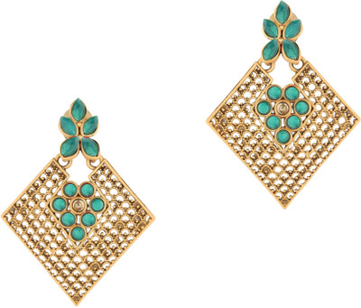 Dreamish Imitation Gold Plated Kundan Studded Meenakari Beads Drop Dangler Chandbali Earrings Cubic Zirconia Alloy, Brass Drops & Danglers