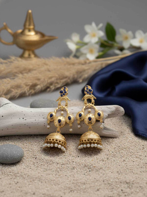 Fashion Fusion Gold Plated Blue Stone Pearl Jhumka Earrings Brass Jhumki Earring