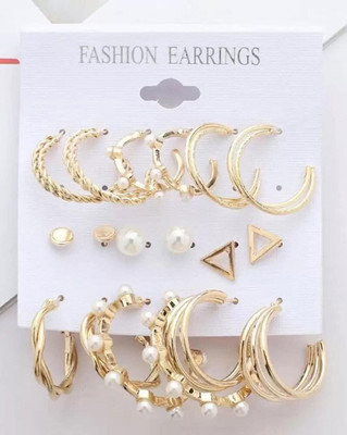 TVI Combo of 9 Pair Golden Triangle Pearl Stud / Twisted Hoop Earring For Women/Girl Pearl Alloy Hoop Earring
