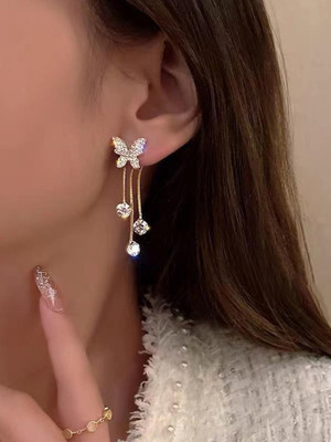 Dressberry Korean Studded Butterfly Tassels Drop Earrings For Women/Girls Cubic Zirconia Alloy Drops & Danglers