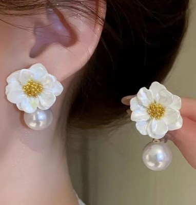 AKISON JEWELS Pearls Drop Flower Earrings For Women Floral Earrings For Women Korean Earrings Pearl Alloy Earring Set, Drops & Danglers