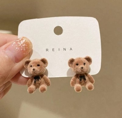 Meilicollection Teddy Bear Korean Earrings Dark Brown Crystal Alloy Stud Earring