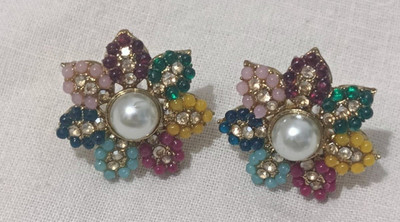 Pralekh Elegant Multicolor Floral Pearl Stud Earrings – Statement Jewelry for Women Zircon Brass Stud Earring