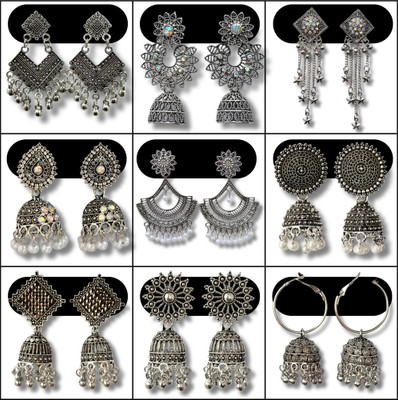 Esyko 9 Pair Traditional Jhumki Earrings Combo for Women, Oxidised Silver Earrings Pearl Alloy, Aluminum Chandbali Earring, Drops & Danglers, Earring Set, Jhumki Earring, Stud Earring Esyko 9 Pair Traditional Jhumki Earrings Combo for Women, Oxidised Silver Earrings Pearl Alloy, Aluminum Chandbali Earring, Drops & Danglers, Earring Set, Jhumki Earring, Stud Earring