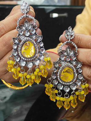 Velvet Jewelz Royal Yellow Crystal Chandbali Earrings for Women Alloy Drops & Danglers