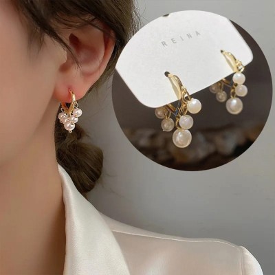 Fashion Fusion Gold Plated Pearl Drop Hoop Earrings For Women And Girls Pearl Alloy Hoop Earring
