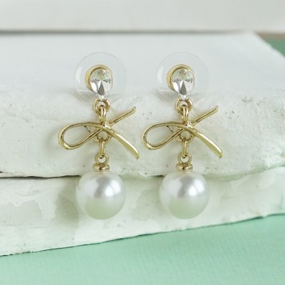 TRIBAL ZONE Pretty Golden Pearl Drop Earring Brass Drops & Danglers