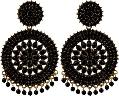 Fashion Frill Black Golden Earrings Floral Design AD Studded Jhumka Earrings Fashion Earrings Cubic Zirconia, Pearl Brass Drops & Danglers