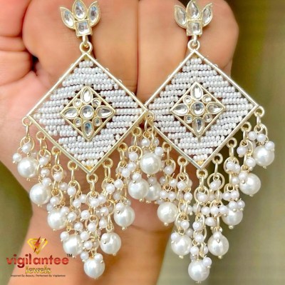 Vigilantee Jewels White Pearl Kundan Mirror Beads White Gold Plated Drop And Danglers Earrings Set Pearl, Beads, Moonstone Alloy Drops & Danglers, Chandbali Earring, Jhumki Earring, Ear Thread