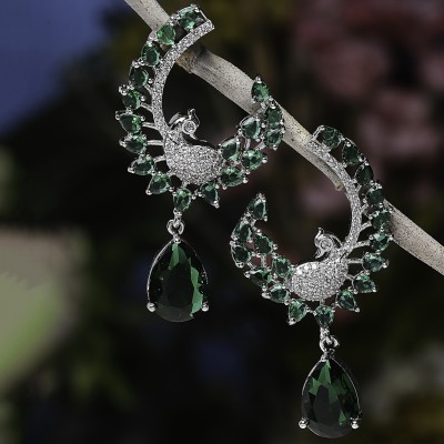 ZENEME Green American Diamond studded Peacock & Feather Shaped Drop Earrings Cubic Zirconia Brass Drops & Danglers