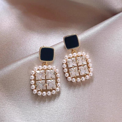 Miami Square Earrings for women korean earing girl Moti Ear Ring stylish Western studs Pearl, Cubic Zirconia, Diamond Mother of Pearl, Alloy, Gold, Stone Earring Set, Hoop Earring