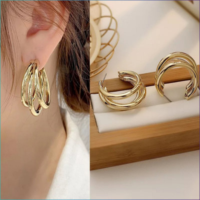 VIDALI Korean Golden Simple Curved Triple Hoop Earrings For Women Alloy Hoop Earring
