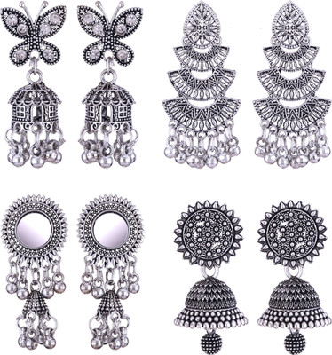 MEENAZ oxidised earrings jhumki silver combo party stylish simple small jhumka 4 set Beads, Pearl, Cubic Zirconia, Diamond Brass, Enamel, Copper, Zinc, Stone Drops & Danglers, Chandbali Earring, Earring Set, Jhumki Earring