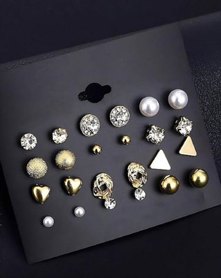 Vembley Combo of 12 Pair Golden Heart Triangle Round Pearl Stud Earrings For Women Pearl Alloy Stud Earring