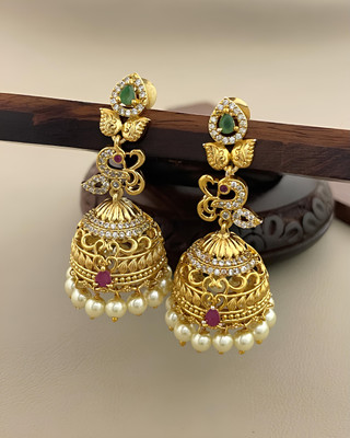 PBM CREATIONS GOLD PLATED AD STONE WEDDING JHUMKI / PEARL STUD / KUNDAN BEADS EARRING Copper Drops & Danglers, Jhumki Earring