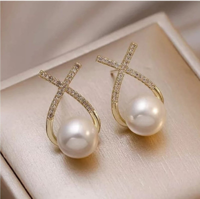 Ruhi Collection Korean Diamond Studded Cross Pearl Stud Earrings Zircon Metal Stud Earring