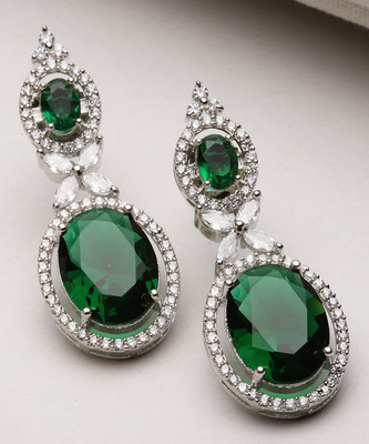 ZENEME Silver Tone Green & White American Diamond studded Oval Shaped Drop Earrings Cubic Zirconia Brass Drops & Danglers