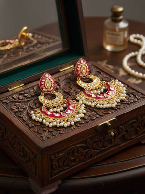 Fashion Fusion Kundan Meena Pearl Brass Drops & Danglers, Chandbali Earring