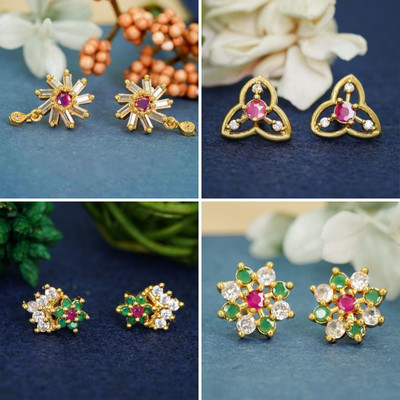 RAMDEV ART FASHION JEWELLERY Dazzling Diamond Finish Combo of 4 with 22K Gold-Plated Studs Diamond Brass Earring Set