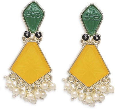 Oomph Yellow & Green Ethnic Drop Earrings - Engraved Jaipur Stones - Beads, Crystal Alloy Drops & Danglers