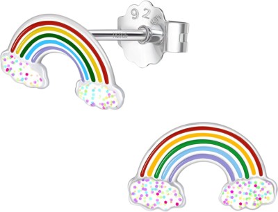 HighSpark 925 Silver Cute Enamel Stud Earrings - Rainbow Glitter Sterling Silver Stud Earring