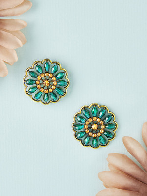 RUBANS Silver Toned Green and Yellow Stone Floral Studs Alloy Stud Earring