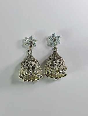 AZTAZ Flower stud jhumka earrings designer tassel drop oxidised silver Alloy Chandbali Earring