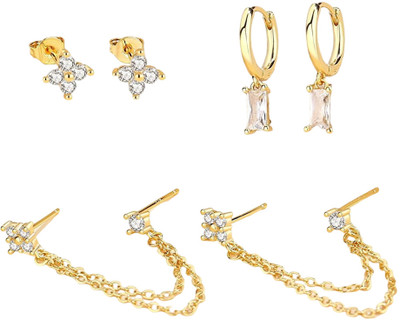 gustave 3 Pairs Earrings Set for Women Girls Gold Chain Drop Rhinestone Stud Combo Set Crystal Stainless Steel Earring Set