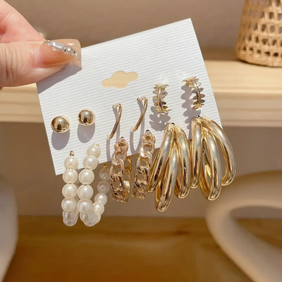 JDENTERPRISES Combo of 6 Pair Golden Stud And Chain Pearl Triple Hoop Earrings For Women/Girls Pearl Alloy Hoop Earring