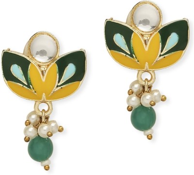 fabula Green Meenakari Stud Earrings - Green, Red,Yellow, Pink - Floral Design Beads, Crystal Alloy Stud Earring