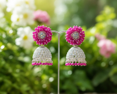 pas Unique pink silver Beaded Stone Jhumka for girls & women for party wear Crystal, Beads, Cubic Zirconia Alloy Rhinestone Studs, Plug Earring, Jhumki Earring, Earring Set, Drops & Danglers