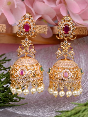 SARAF RS JEWELLERY Gold Plated Traditional Multi stone studded Jhumka Style Earrings Cubic Zirconia Brass Jhumki Earring