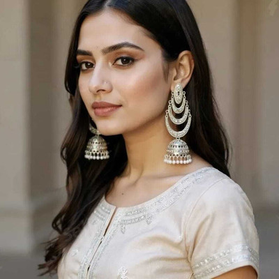 Crest Collection Silver Plated Stone Studded Traditional Jhumka Earrings for Women & Girls Alloy Jhumki Earring