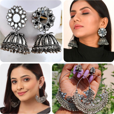 ISLANA Combo of 2 Oxidised Chandbali and Jhumka Earrings for Women & Girls Alloy Jhumki Earring