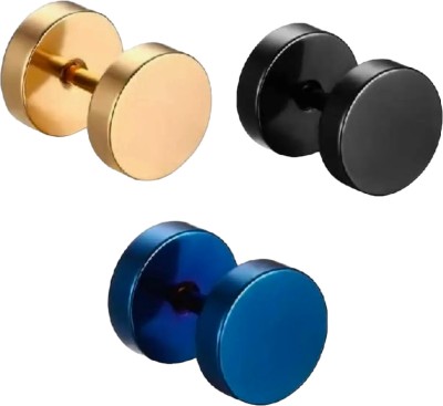 Shree Ju Trendy Golden Black Blue Barbell Dumbbell Bali Combo For Men Women (3 Pieces) Stainless Steel Huggie Earring, Stud Earring, Earring Set