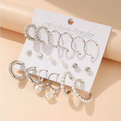 JDENTERPRISES Combo Of Silver Plated 9 Pair Pearl, Stone, Hoops, And Stud Earrings Pearl Alloy Hoop Earring