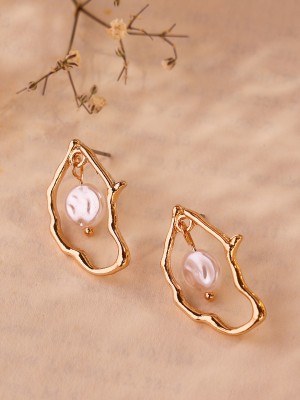 PRITA Swirl Metallic Shape Pearl Hanging Drop Shape Earrings Brass Drops & Danglers