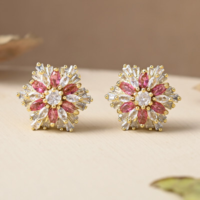 Voylla Sparkling Elegance Statement Pink Floral Stud Earrings Brass Stud Earring