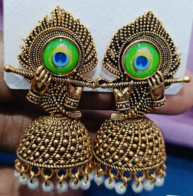 SAKETHAM Golden Krishna Hand White Bells Alloy Jhumki Earring