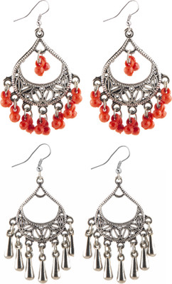 Jamleen Gallery Combo Silver Oxidize Red & Silver Strings Earrings for Girls Alloy Drops & Danglers