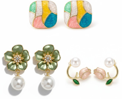 BEAUTYNX Pack Of 3 Korean Stylish Multicolor & Pearl Floral Earring Pearl Alloy Stud Earring