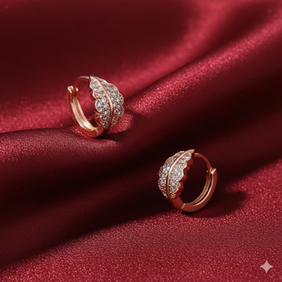 forevershine Rose Gold Plated Pave Studded Leaf Hoop Earrings / Bali Alloy Hoop Earring