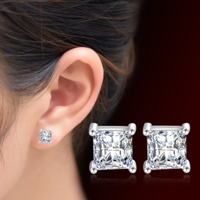 MYKI Princess White Cz Earrings for Women Classy 4-Claw Square Earrings for Girls Stud Earrings 6MM Swarovski Zirconia Sterling Silver Stud Earring