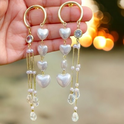 Lucky Jewellery Designer Gold Plated White Color Heart Shaped Pearl Earrings For Girls & Women Pearl Alloy Tassel Earring