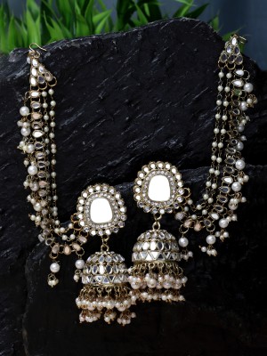 ZENEME Silver-Plated Stone Studded Beaded Dome Shaped Jhumkas With Ear Chain Pearl Alloy Drops & Danglers