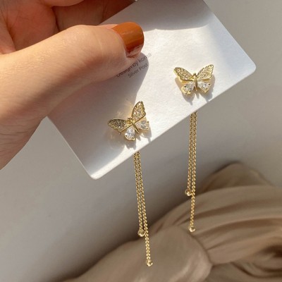 FFSTYLE New Trendy Long Tassel Butterfly Drop Earrings Alloy Hoop Earring