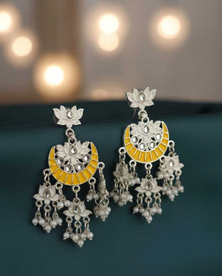 MD CREATIONS HUB Elegant Yellow Lotus Design Earrings with Pearl Drops for Women & Girls Pearl Alloy Chandbali Earring