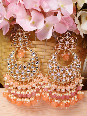 SARAF RS JEWELLERY Gold Plated Orange Kundan studded & Beadded modern Chandballi Earrings Cubic Zirconia Alloy Chandbali Earring