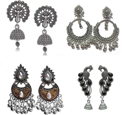 Jhumka Street Pack of 4 Oxidized Silver Jhumka Earrings for Women & Girls Alloy Drops & Danglers